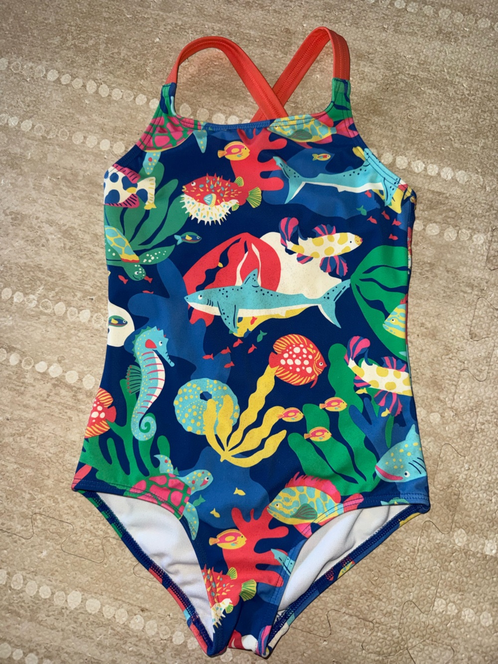 Mini Boden Navy Swim One-Piece with Bright Multicolor Sea Creatures